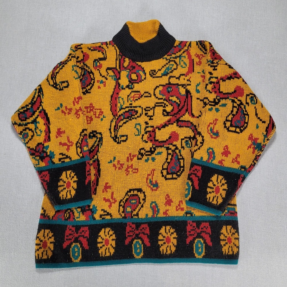 VTG Idioms Acrylic Paisly Turtle Neck Sweater‎ Women Large Retro Abstract